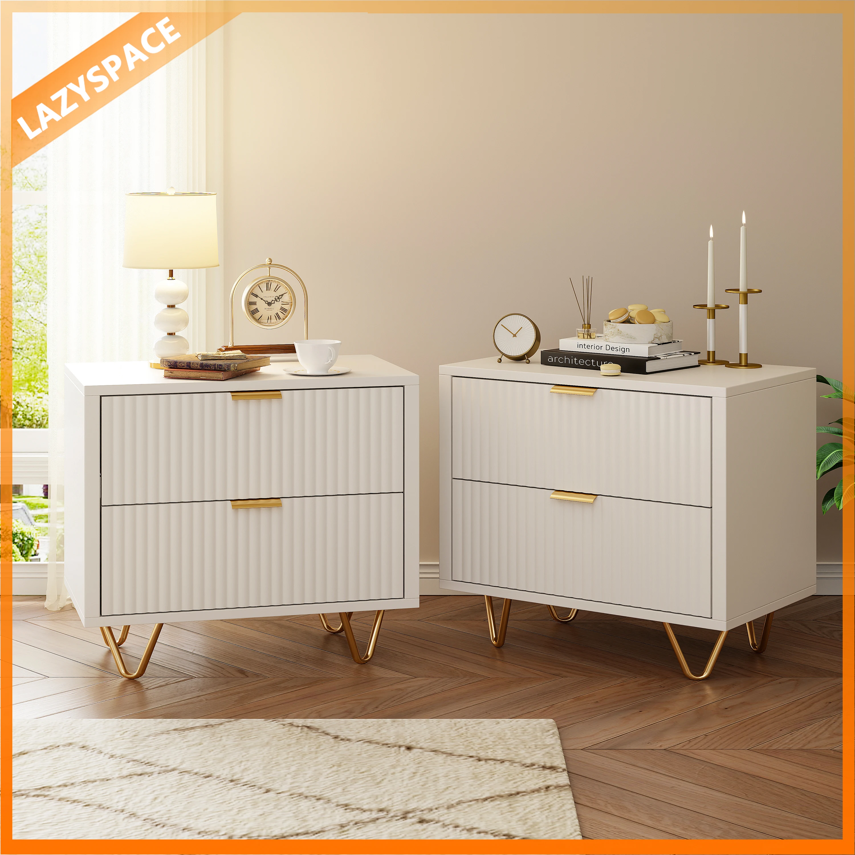 Comodini Lazyspace 2 pezzi con 2 cassetti, comodino moderno, cassettiera per camera da letto, soggiorno, bianco e oro
