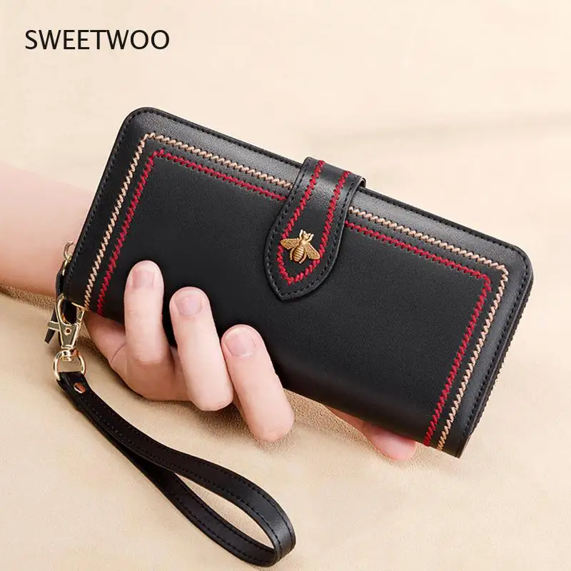 Genuine Leather Women's Wallet Clutch Purse Long Coin Purse Zipper Luxury Phone Latch Purse