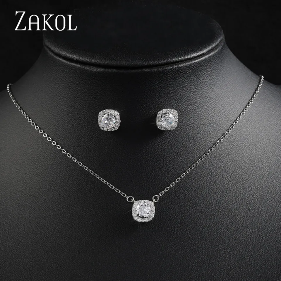 ZAKOL Fashion Yellow White Cubic Zirconia Square Stud Earrings Necklace Set for Women Shinny Round Crystal Wedding Jewelry SP314
