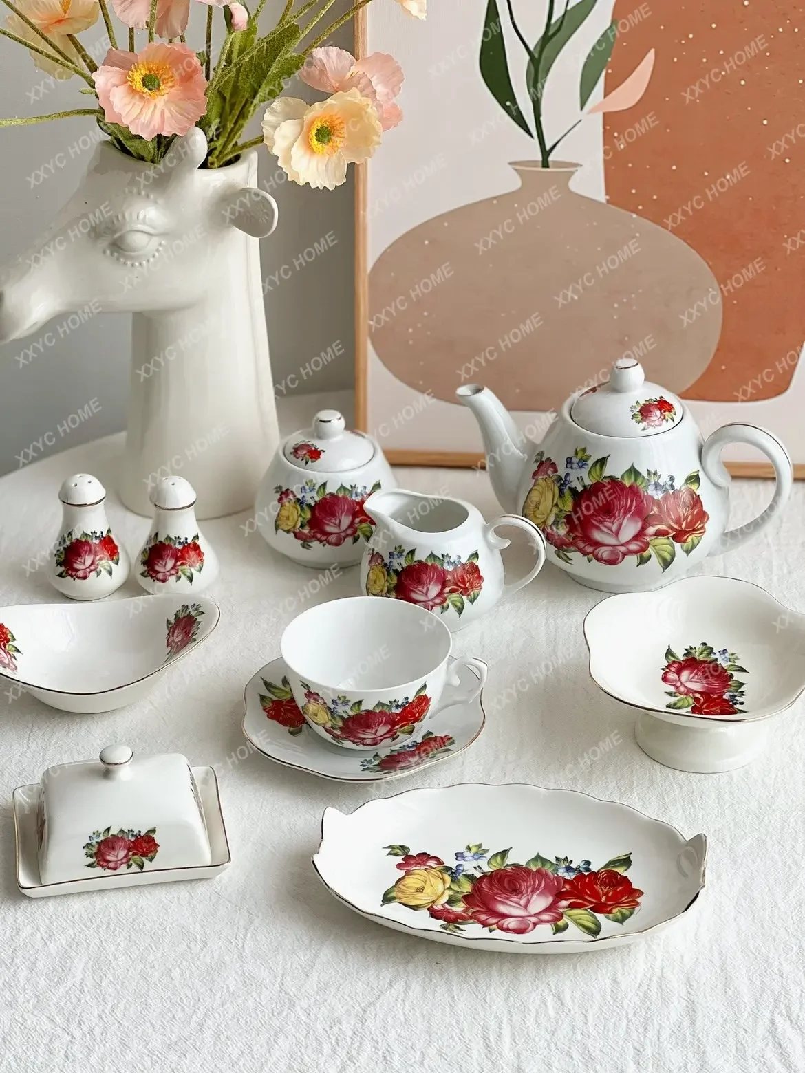 Set Flower Ceramic Coffee Tableware Pot Milk Pot Sucrier Coffee Cup Bow Plate