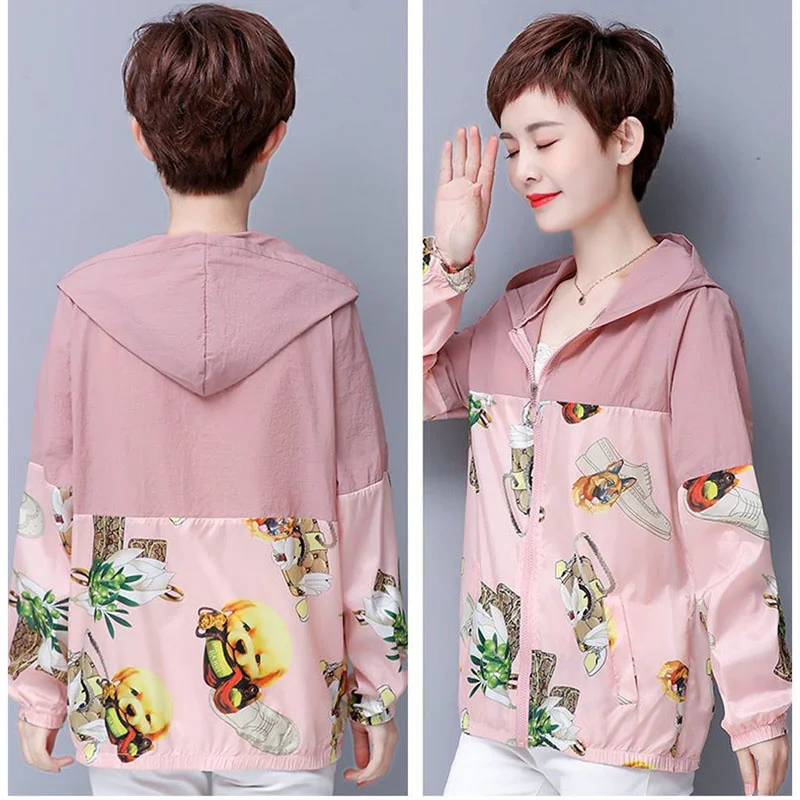 Abrigo corto con capucha para mujer, ropa de protección solar con estampado, versión coreana, costura suelta, contraste, moda informal, novedad de verano