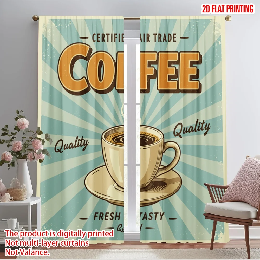 

2pcs 2D flat printing Party Curtains Vintage Fair Trade Coffee Polyester Without Electricity Holiday Decorations Perfect for