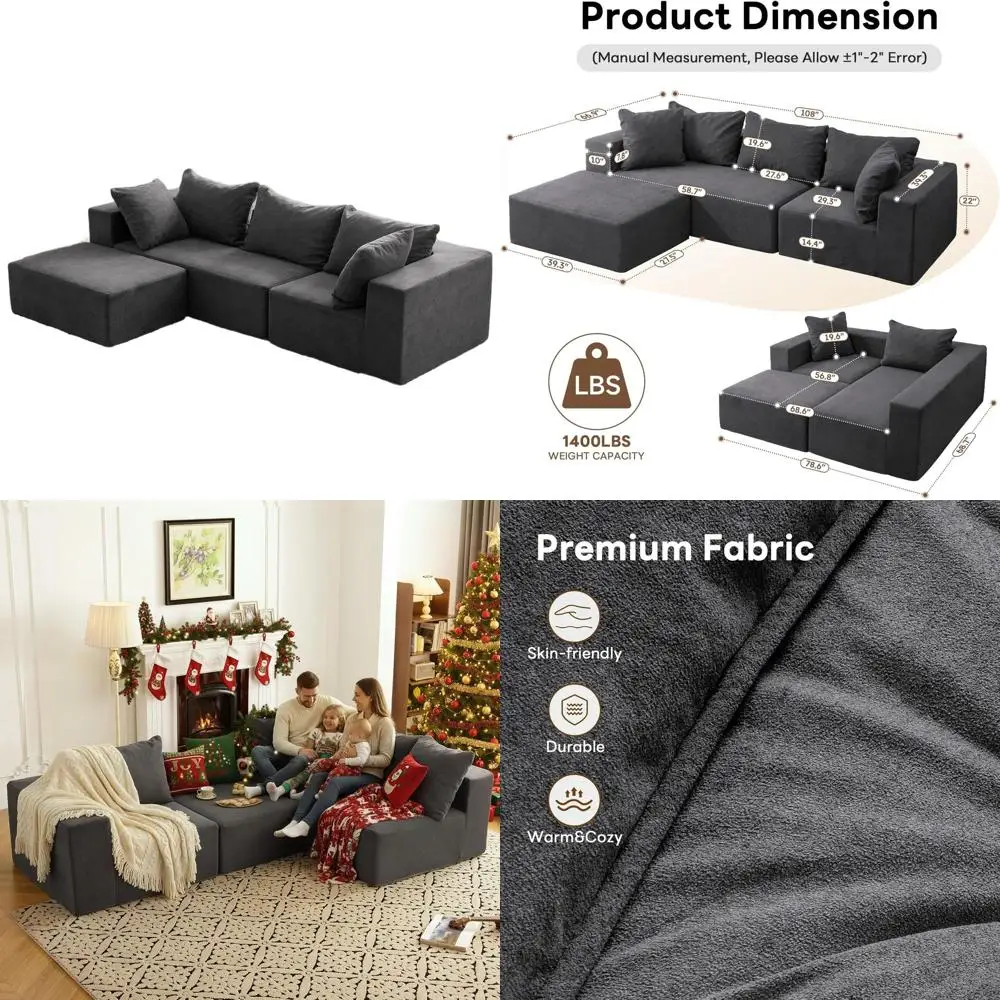 

Modern L-Shaped Cloud Sofa with Chaise - Deep Seating Sectional for Living, Bedroom, Office, Ready to Use, Gray