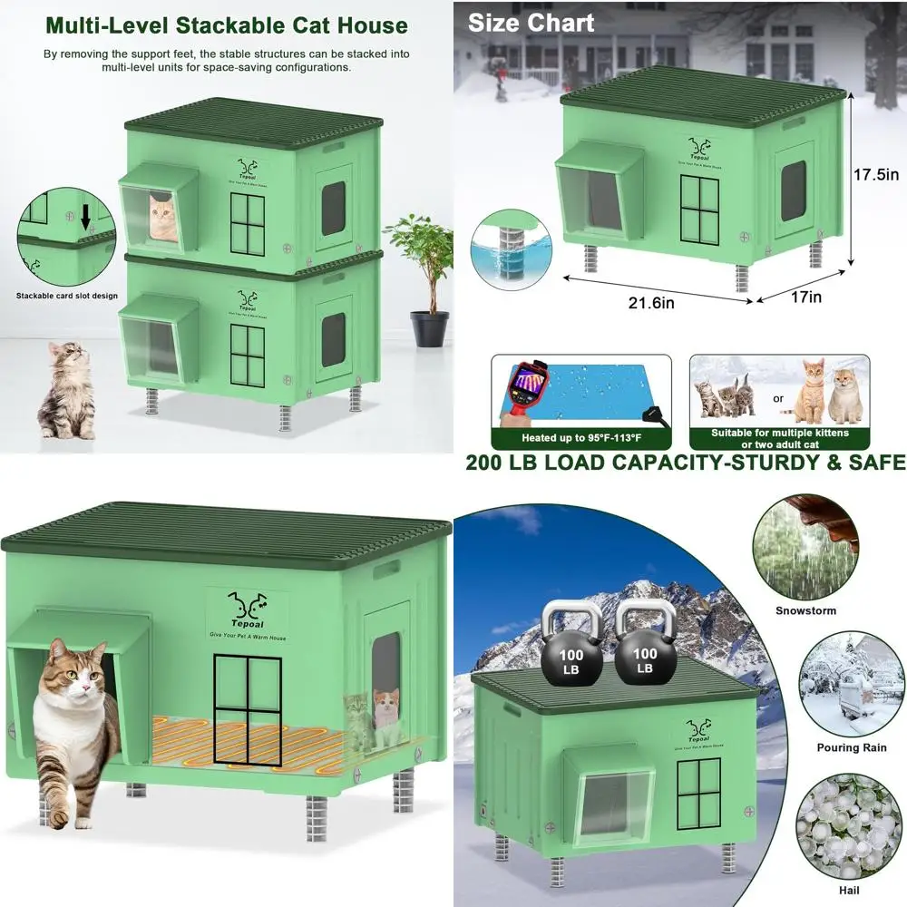 

Приподнятый изолированный кошачий домик на открытом воздухе, устойчивый к атмосферным воздействиям с подогревом, безопасный побег для кошек-сарая, зеленый, 21,6x17x17,5