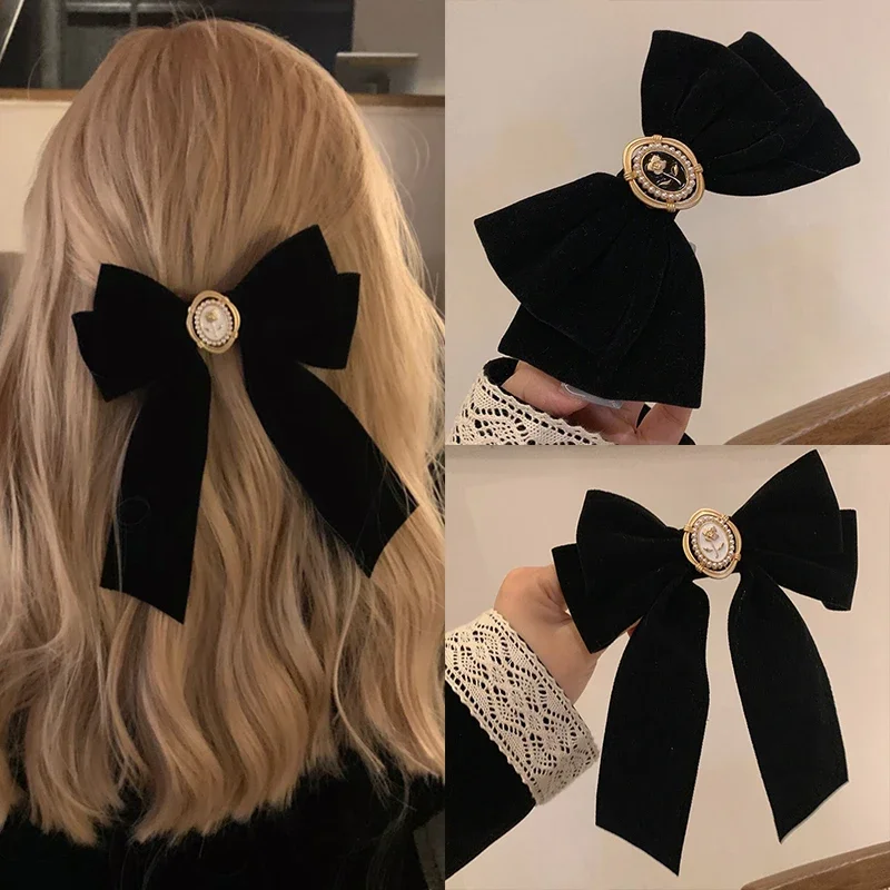 New Black Velvet Bow Hair Pins Elegant Fabric Roses Hair Clips For Women Fashion Ponytail Barrette Heawear Accessories Gift New