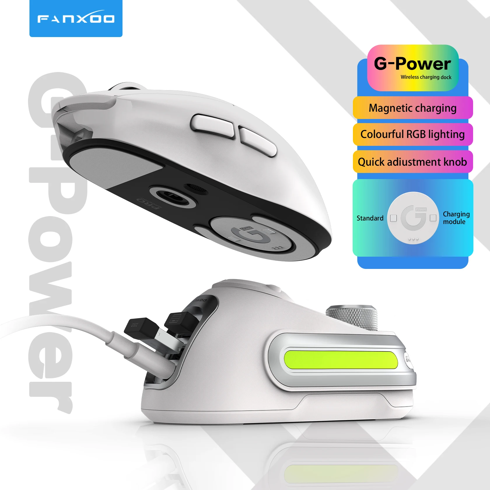 Fanxoo G-Power Mouse Wireless Charging Dock for Logitech G502 G502X Plus GPW G903 with RGB Light Computer Volume Control Knob