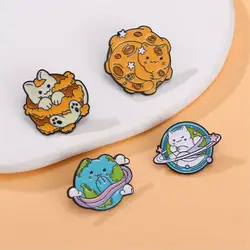 4pcs Cute Cartoon Animal Enamel Brooch Creative Planet Cat Lapel Pin Badge Backpack Clothing Hat Accessories