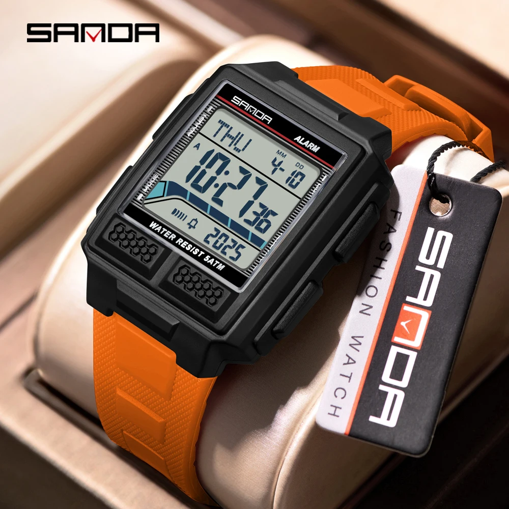 SANDA 2212 unisex sports electronic watch 5ATM waterproof night light countdown stopwatch alarm clock 3D stereo case