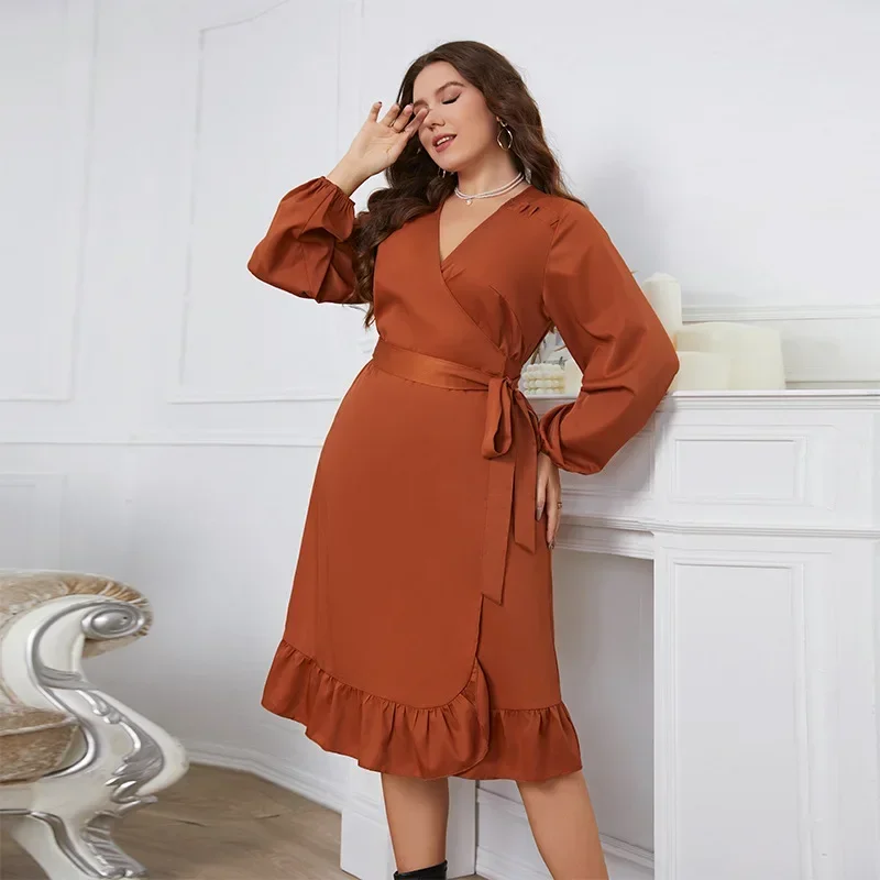 Damska sukienka midi Plus Size z długim rękawem Swing Midi Dress V Neck Wrap Belted A Line Ruffle Trim Tie Side Robe Solid color clothing