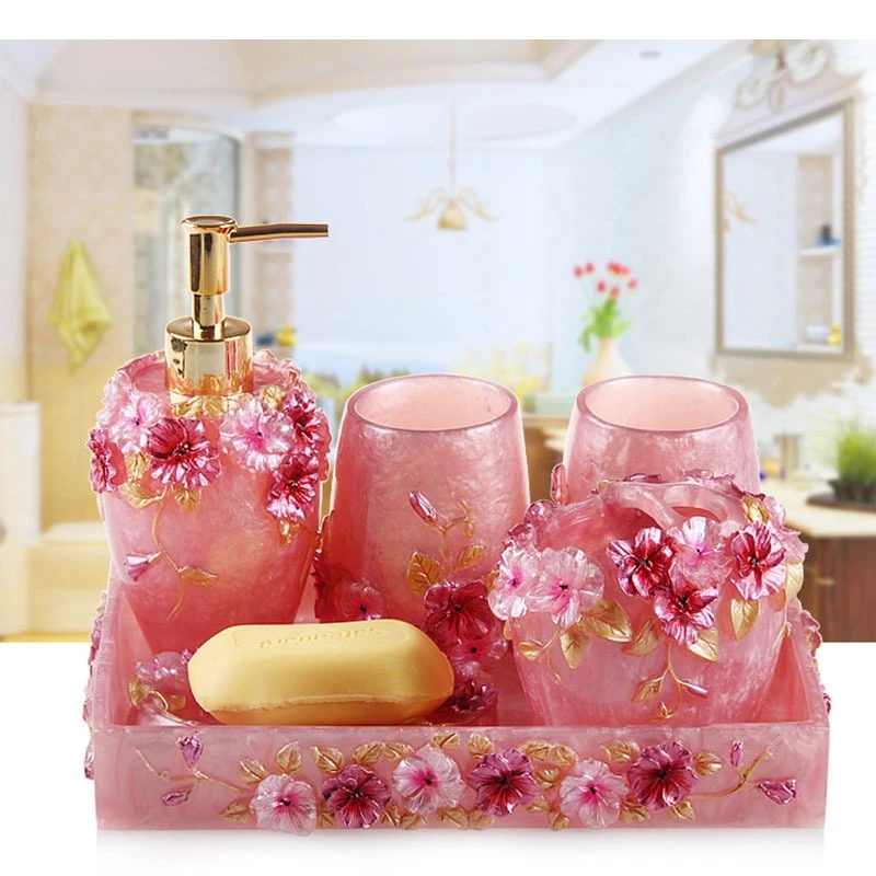 Pink Floral Texture Bathroom Set Soap Dispenser Toothbrush Holder Cup Dish Tray Nordic Household Bath Storage Supplies