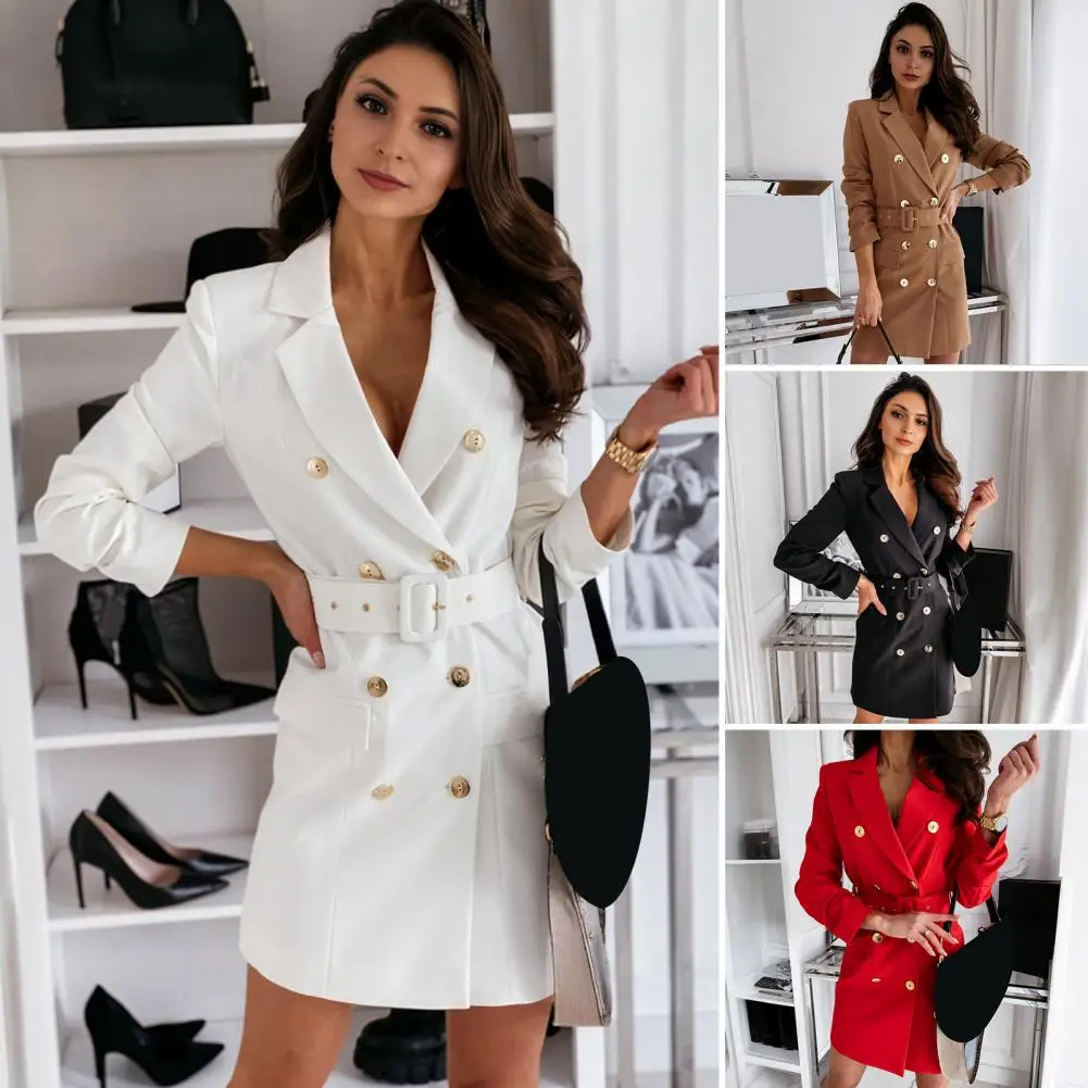 

Women Suit Dress Elegant Double Breasted Women's Suit Dress with Lapel Pockets Mid-length Formal Business Attire for Workwear