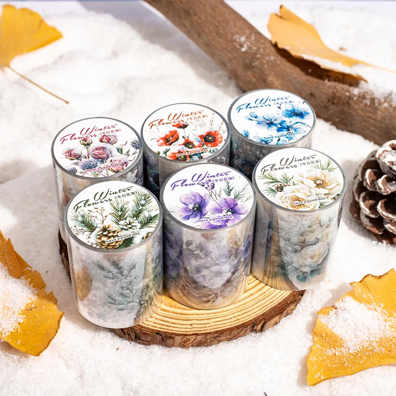 1Roll/2Roll Winter PET Die-Cut Washi Tape Winter Flower Sea Series 6 Designs Basic Scrapbook Base Layer Materials Diary Album