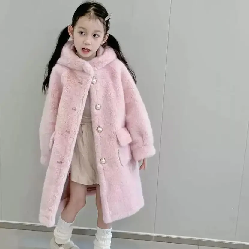 Autumn Winter New Children's Faux Fur Jacket Imitation Mink Fur Hooded Warm Fur Coat Overcoat A4219