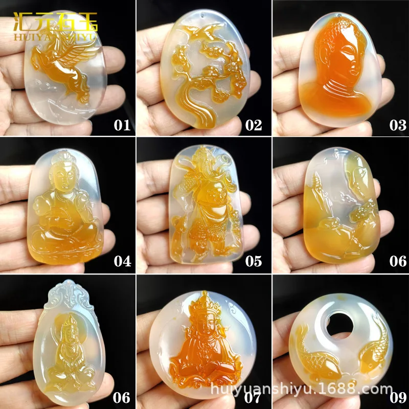Natural translucent chalcedony pendant with intricate carving, sugar agate Guan Gong dragon amulet, peace buckle, Pixiu