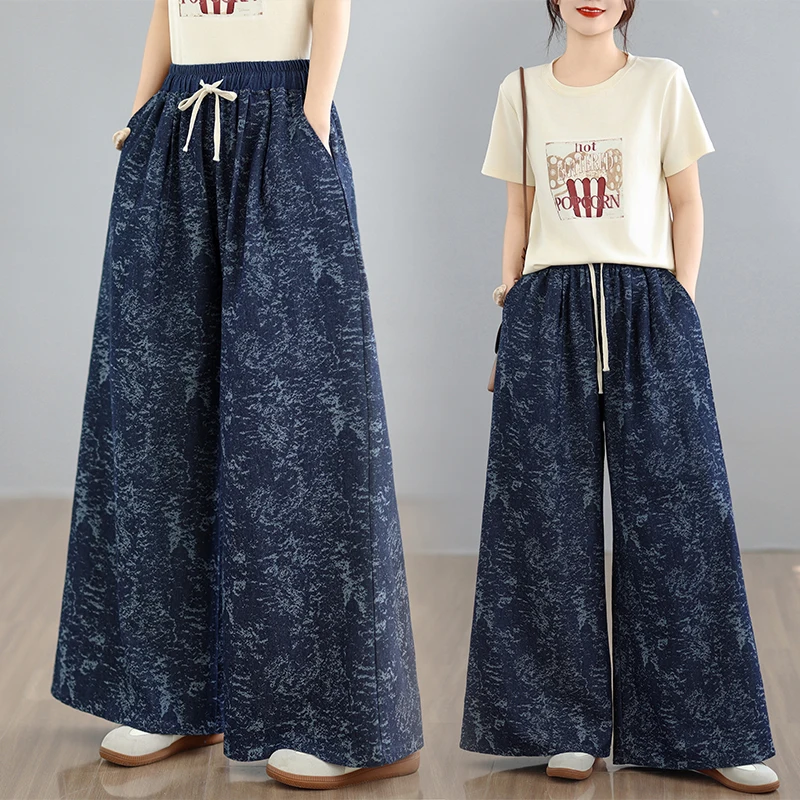 

Loose Fit Printed Denim Jeans Women's Spring Summer 2026 New plus Size Wide Leg Pants Elastic Waist Casual Style Blue Cotton ...