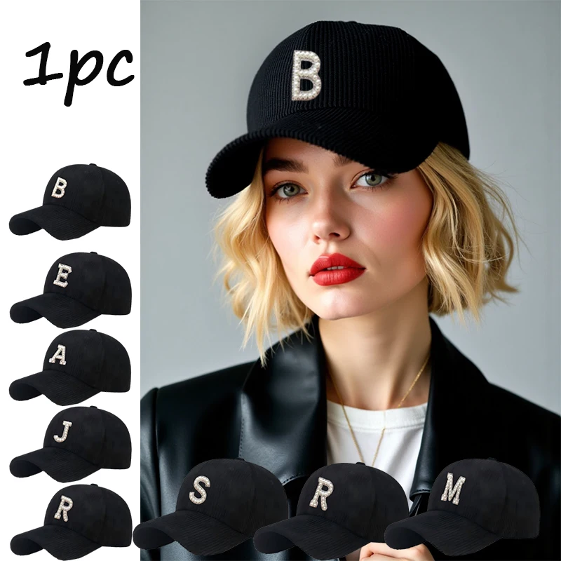1 PC Letter A-Z Japanese Style Corduroy Baseball Cap - Unisex Plain Solid Color Fall Winter Hat with Sun UV Protection