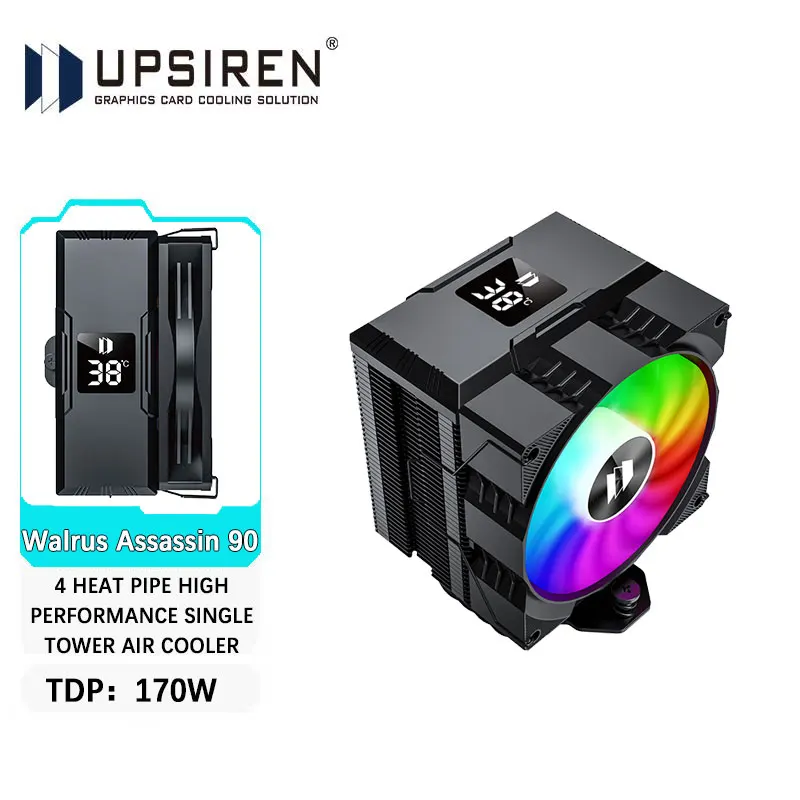 UPSIREN Walrus Assassin 90 디지털 디스플레이 4 히트 파이프 CPU 쿨러, 92mm 냉각 선풍기 라디에이터 에어 쿨러, LGA1700/1200 AM4 AM5 용 