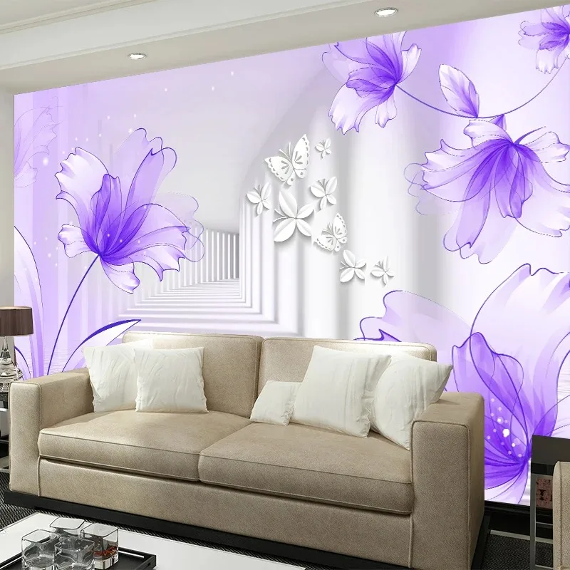 Purple Flowers White Corridor Wall Mural Custom 3D Photo Wallpaper For Walls Modern Minimalist Creative Bedding Room TV Backdrop
