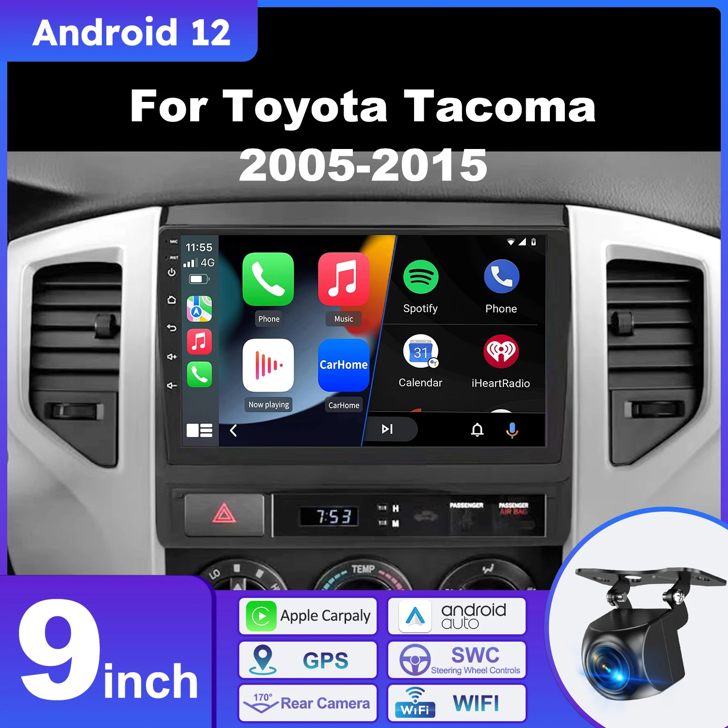 9-дюймовый экран Android 12 Tacoma для Toyota Tacoma 2005-2015, мультимедийный плеер, беспроводной Carplay, Android, стерео, GPS, резервная камера