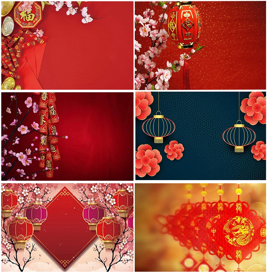 

Happy Lunar New Year Red Lantern Chines Knot Backdrops Spring Blossom Flowers Photography Family Portrait Backgrounds Decor