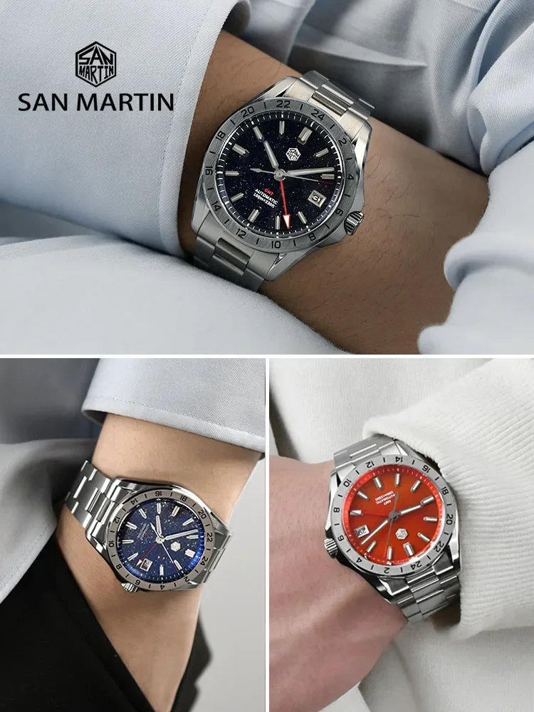 San Martin 남성용 럭셔리 시계, Aventurine 보석 다이얼, NH34 GMT 자동 기계식 사파이어 방수 야광 SN0129, 39mm