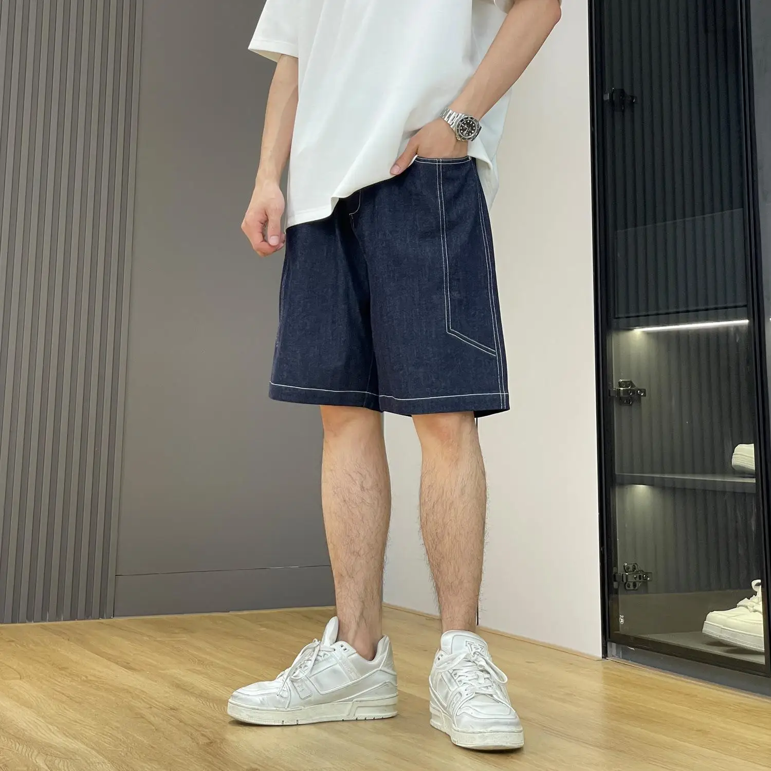 

Летние легкие свободные мужские джинсы из хлопковой смеси, эластичные, прямые, пятипятиметровые, однотонные, модные, универсальные