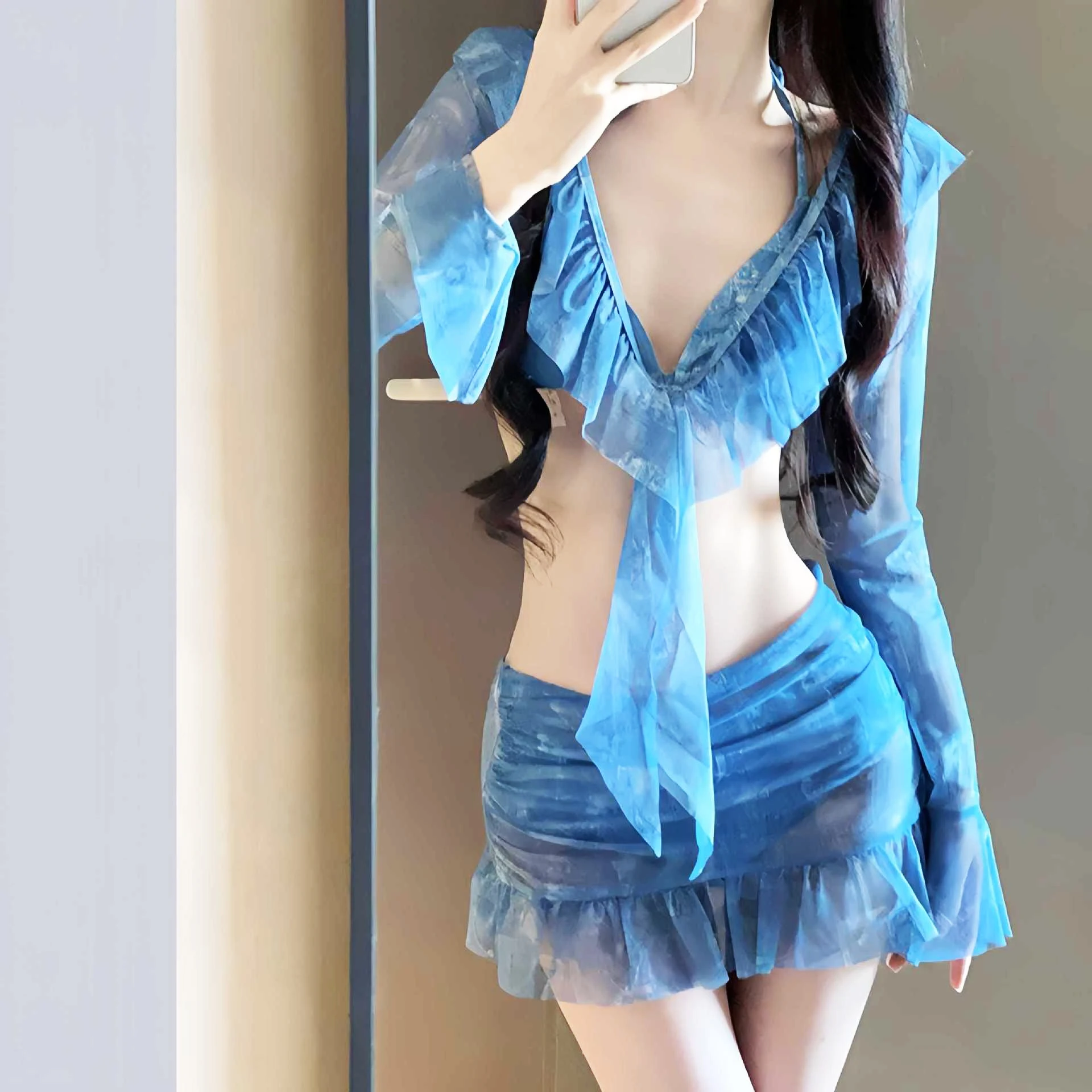 

4 Pieces Swimsuit For Women Halters Swimming Suit Long Sleeves Swimwear With Cover Up & Beach Skirt Summer Bathing Suit