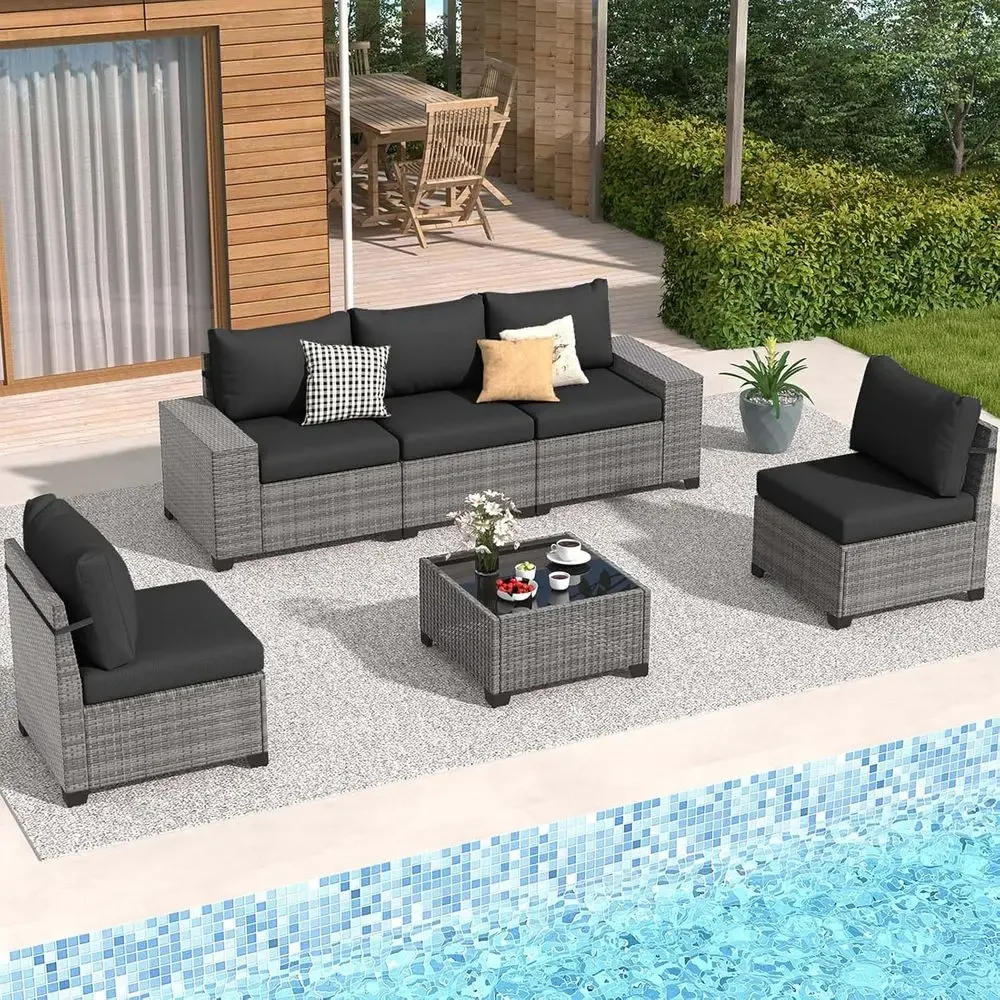 6 Pieces Outdoor Patio urniture Set, Rattan Patio Contion Set with Coee Table, L-Shaped Wicker Outdoor Sectional Soa Set with Wi