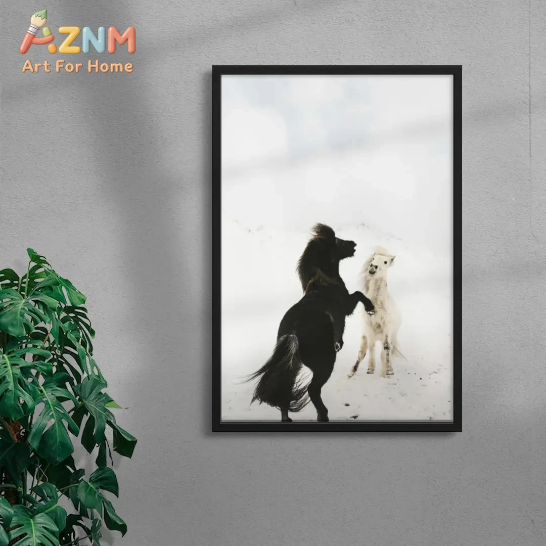 

Black & White Icelandic Horses Snowy Landscape Framed Wall Art - Winter Wildlife Photography Print