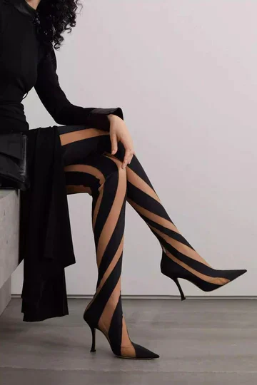 

Mesh Upper Mixed Color Stripe Over the Knee Boots Designer Pointed Toe Stiletto High Heels Long Boot Winter Party Dress Shoes