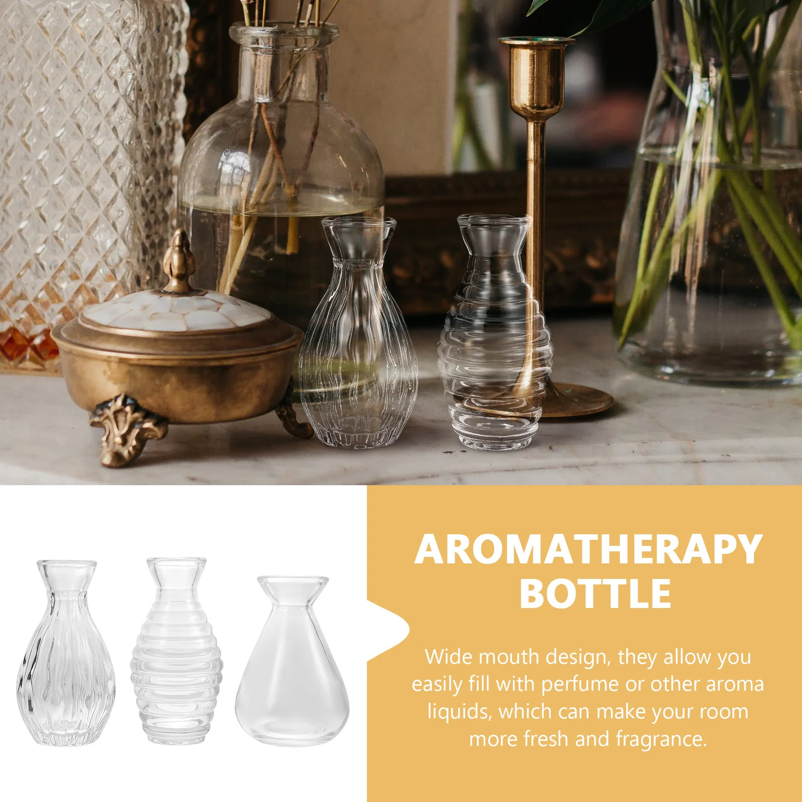 

3Pcs Transparent Glass Diffuser Bottles Wide Mouth Aromatherapy Jars Mini Flower Vase Home Decor Essential Oil