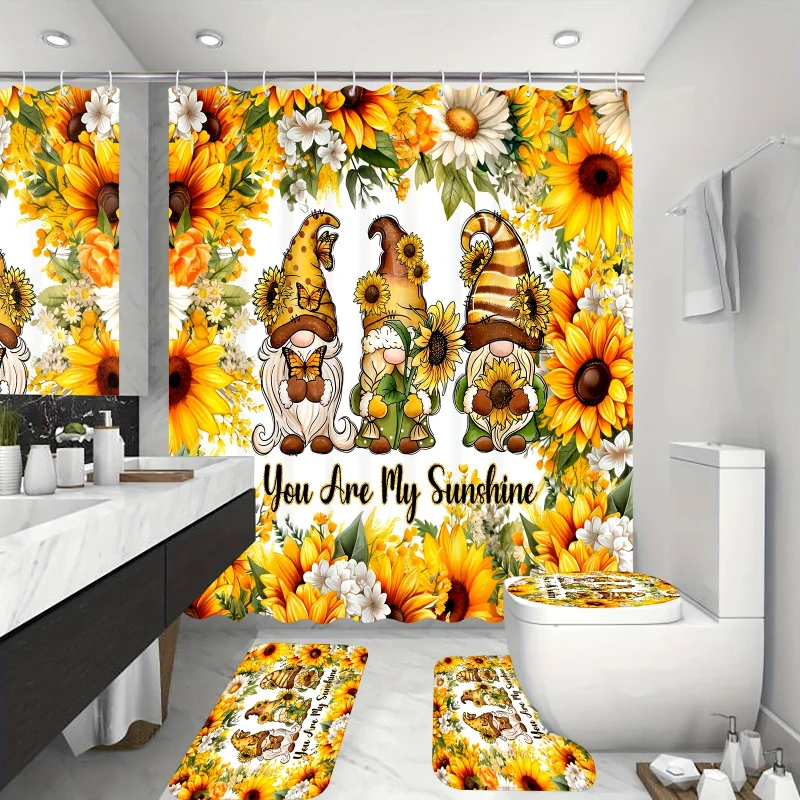 4pc Sunflowers Gnomes Shower Curtain And Mats, Bright Shower Curtain With 12 Hooks, Non-Slip Bathroom Rug, Toilet U-Shape Mat,