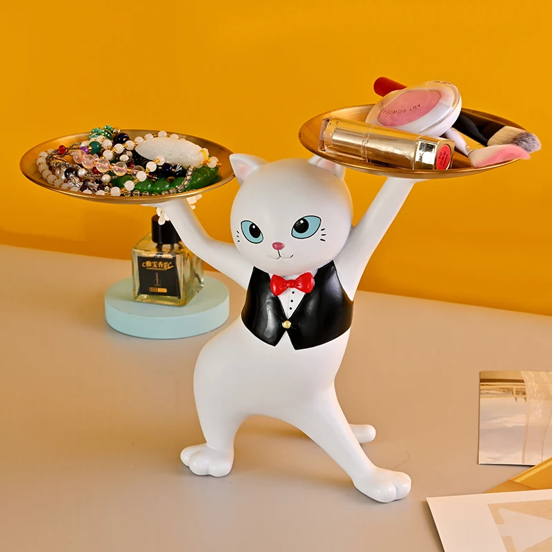 Dance Cat Butler Ornaments for Room Decor Statue Resin Animal Sculpture Cat Figurine with 2 Trays for Key Holder Home Decor