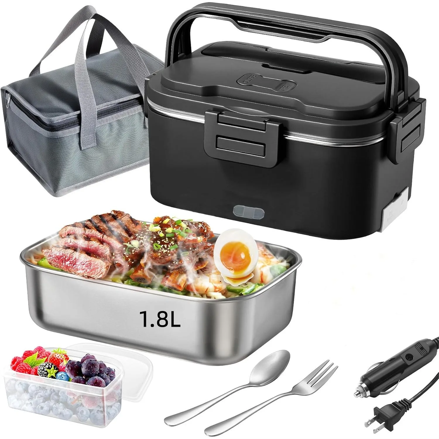 Lonchera Eléctrica de 100W y 1.8L, Calentador de Comida Portátil con Recipiente Extraíble de Acero Inoxidable 304, 12V/24V/110V para Auto, Camión y Oficina