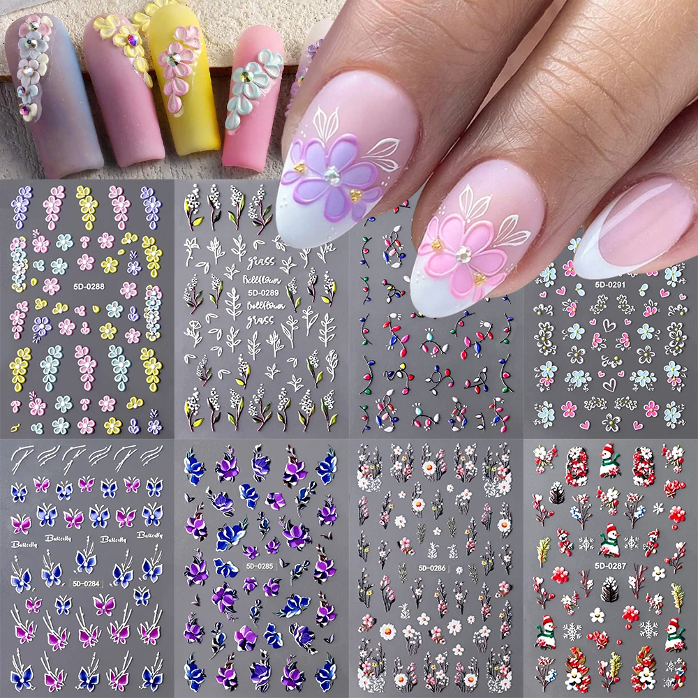 5D Christmas Snowman Nail Art Sticker Relief Self Adhesive Snowflake Leaves DIY Winter Decal Slider New Year Manicure Decoration