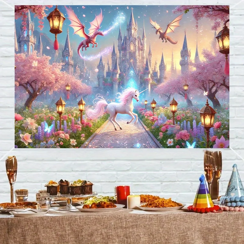 ديكور حائط من البوليستر النابض بالحياة على شكل قلعة وحيد القرن المسحور مع تنين وحيد القرن وأضواء خرافية. ديكور غرفة النوم