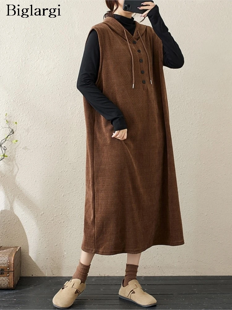 

Corduroy Sleeveless Autumn Hooded Vest Dress Women Casual Loose Fashion Ladies Dresses Pleated Ruffle Woman Long Oversized Dress