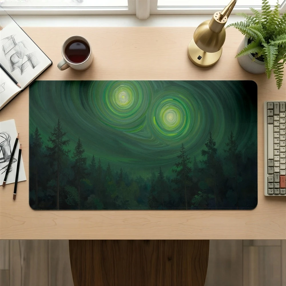 Tapis de souris plat, motif vortex vert et scène nocturne forestière, accessoires de bureau, organiseurs de bureau et plateaux, tapis de souris gamer