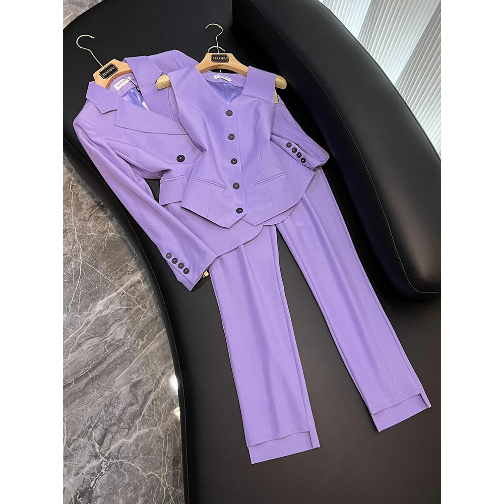 Lavender All-match Elegant Pure Color Blazer Vest Trousers High Quality Brief Style Business Office Lady 3 Pcs Set