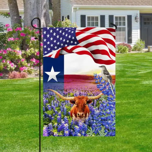 Texas Bluebonnets With Longhorn and Mockingbird Texas F Garden Flag - House Flag