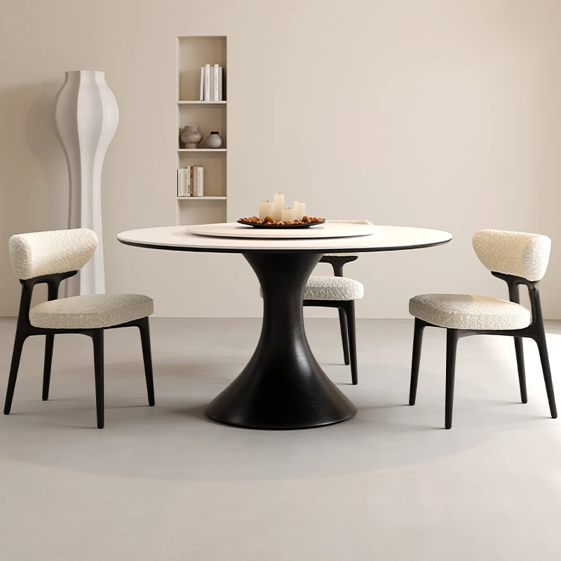 

Simple rock slab round dining table and chair combination with turntable, modern simple white dining table, home light