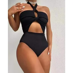 2024 New Sexy One Piece Swimsuit Swimwear Women Hollow Straps Halter High Waist Solid Bathing Suit Beachwear Maio Feminino Praia