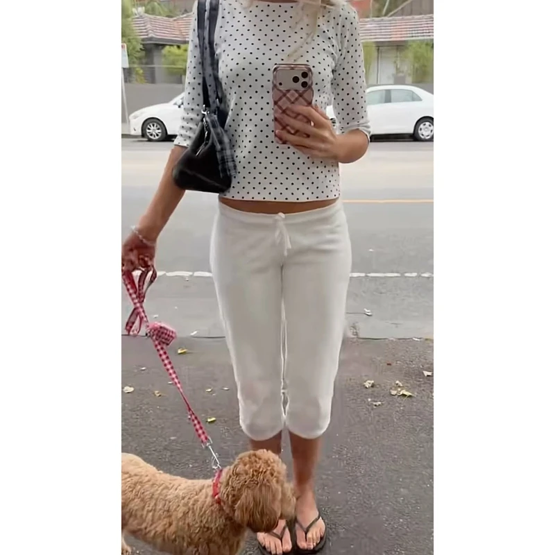 Women's Drawstring Elastic Waist Capri Pants Y2k Low Rise Cropped Yoga Pants Knee Length Jogger Workout Sweatpants Streetwear