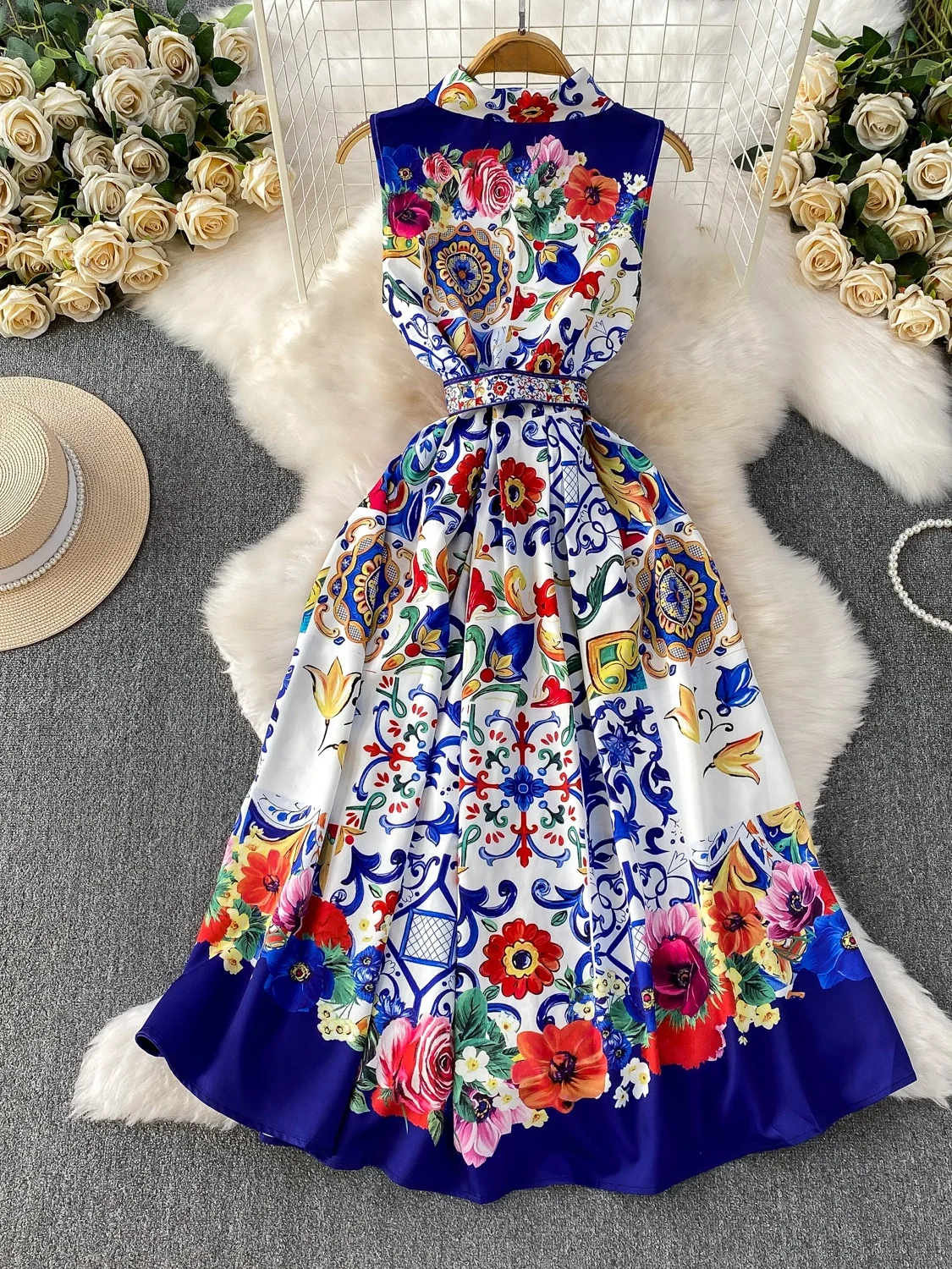 Retro Floral Print Turn-down Collar Svel Dr Women's Waist-cinching Slimming Long Satin A-line Dr for Parties