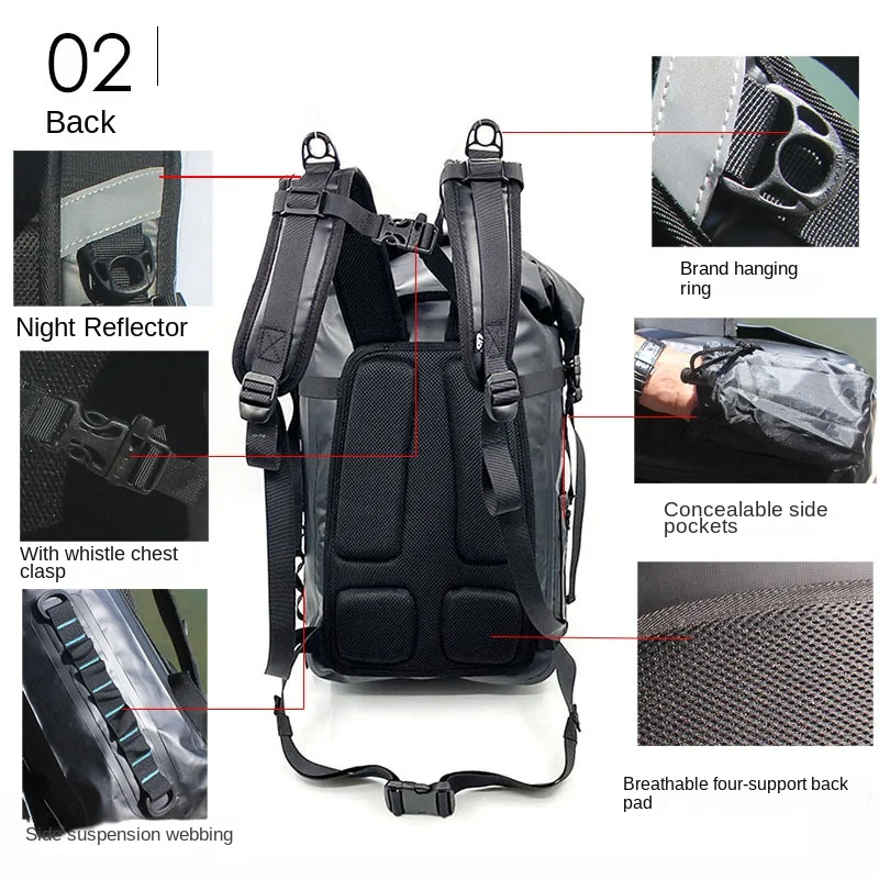 กระเป๋าเป้สะพายหลังดำน้ำกันน้ำแบบม้วนปิดสำหรับงานหนัก, กระเป๋าแห้งสำหรับครีบดำน้ำและวัสดุดำน้ำ, ผู้ใหญ่ทุกเพศ