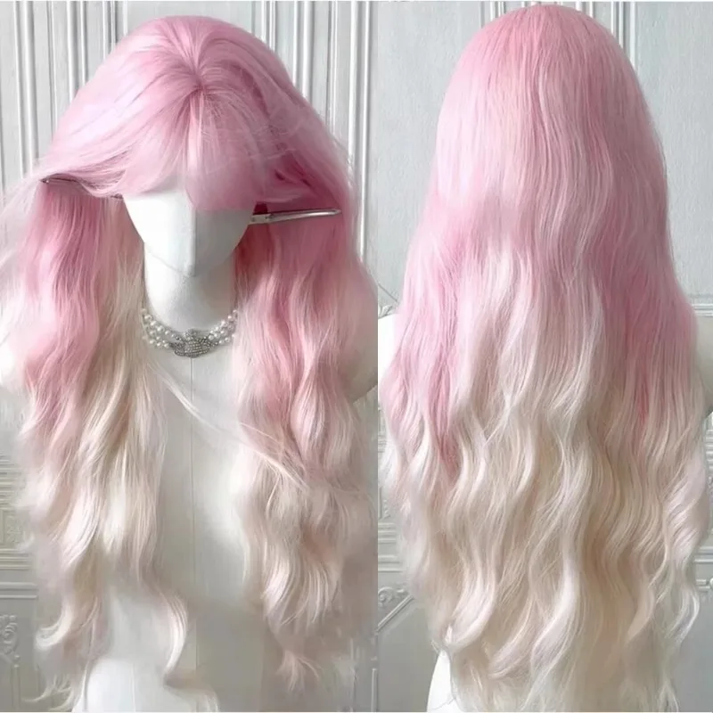 Pink Ombre White Long Wavy Curly Synthetic Wig with Bangs Lolita Women Daily Halloween Role Play