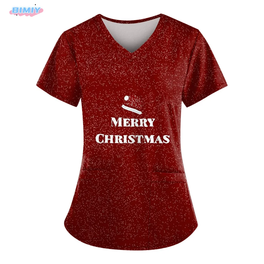 Christmas Women Scrub Tops Snowman with Pockets Short Sleeve V Neck Nursing Xmas Soft Uniform Scrubs for Women Printed Christma