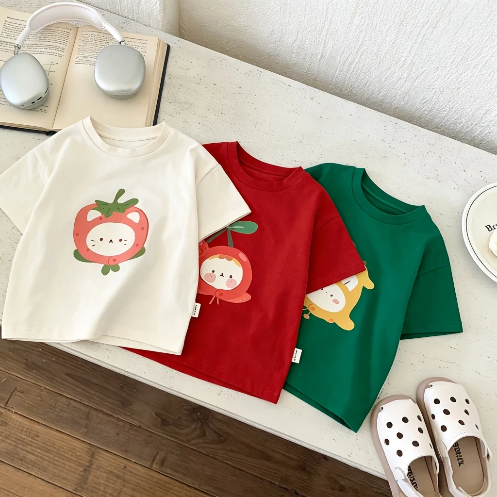 Kids Cute Fruit Animal Print Short Sleeve T Shirt Summer Casual Cotton Tee For Boys And Girls Adorable Strawberry Cat Print Wear