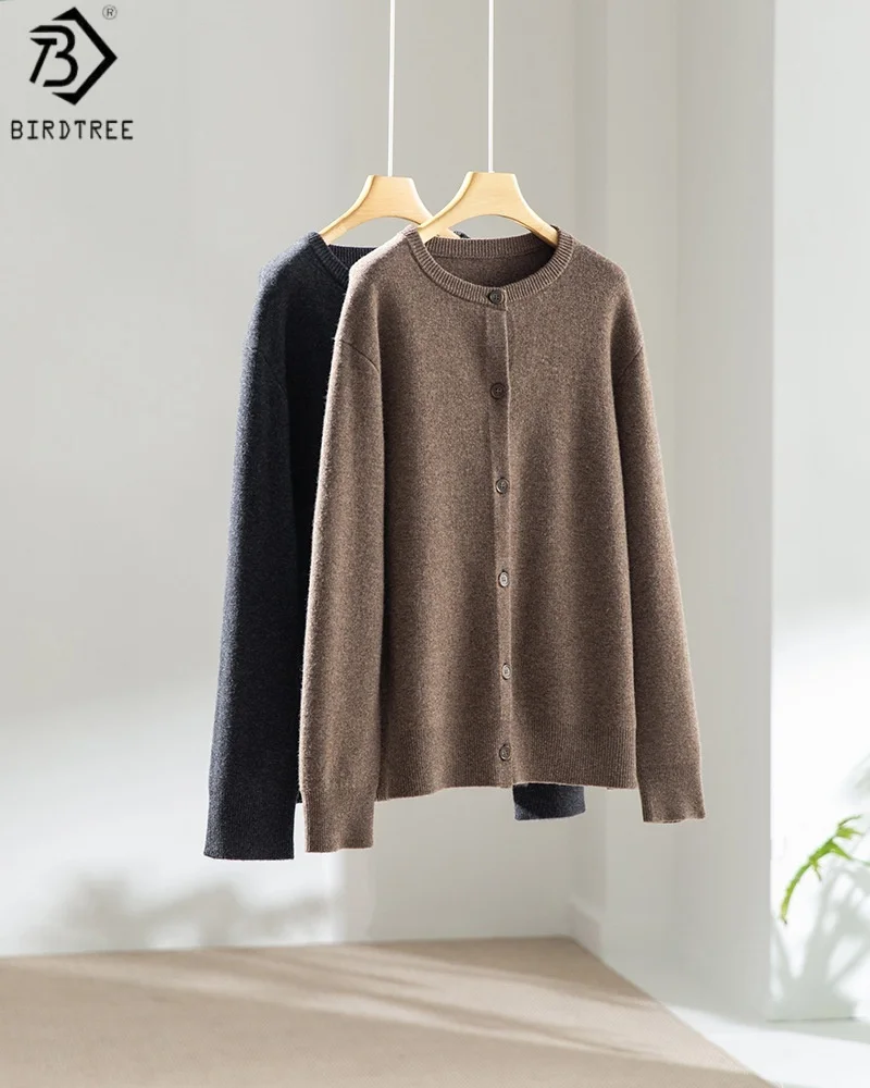 

Birdtree 100% Merino Wool Knited Cardigan,Woman Single Breasted Warmth Coat,2025 Winter O-neck Full Sleeve Sweater T59606JF