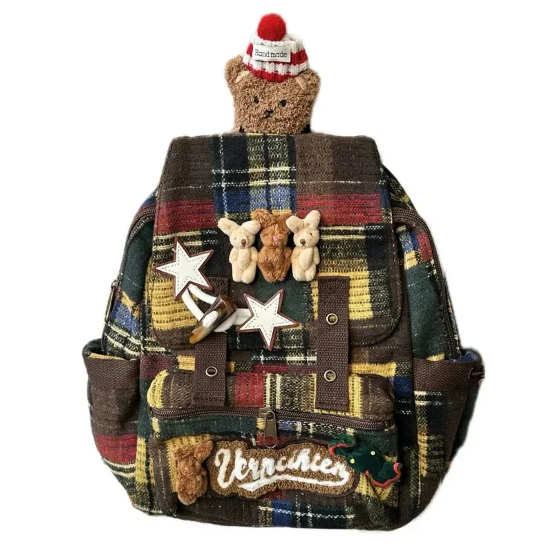 Bear Schoolbag Y2K English Stripe Splicing Vintage Plaid Patchwork Autumn Winter High Street Plaid Casual Unisex Backpack New